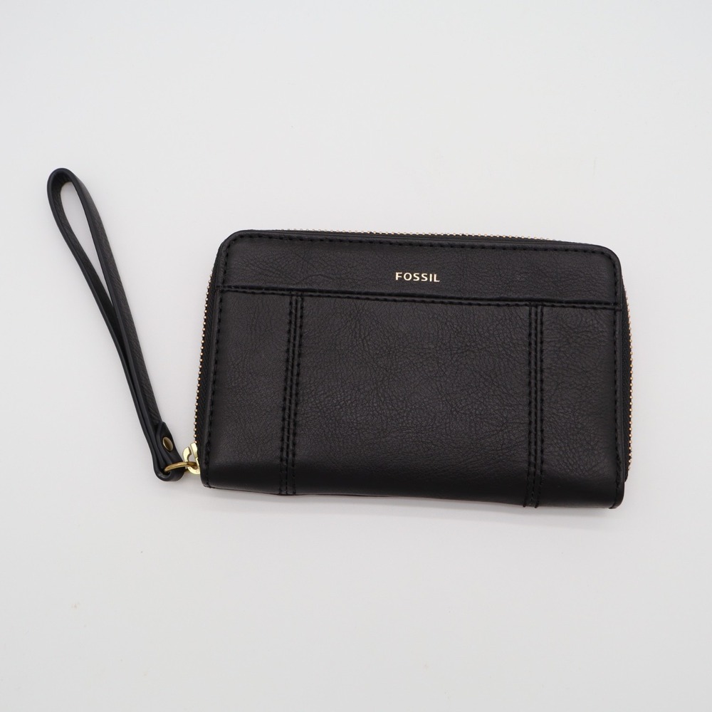 Fossil Jori RFID Womens Black Pebbled Leather Zip Around Wristlet Strap Clutch